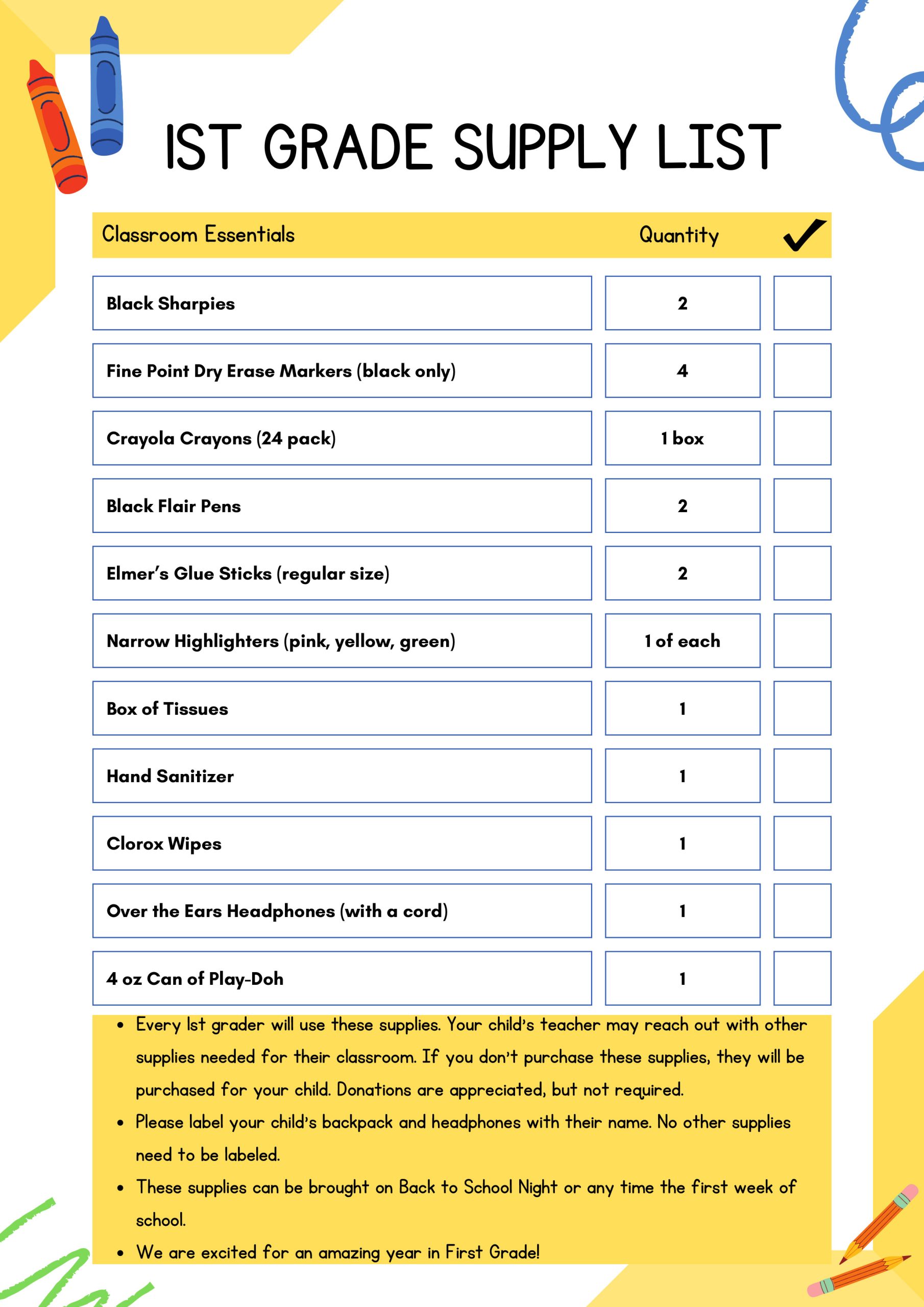 List of First Grade school supplies